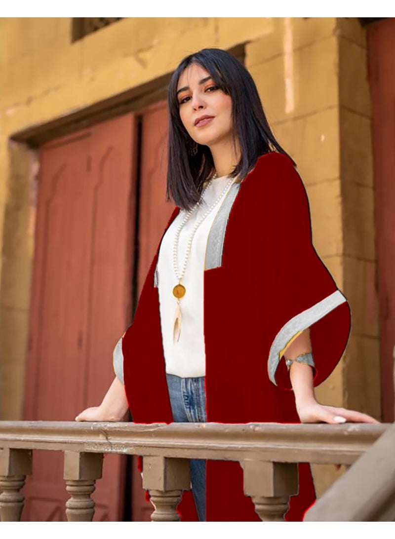 SunSet Kaftan Abaya Silver Embroidered Chiffon Sunset RED - Image 1